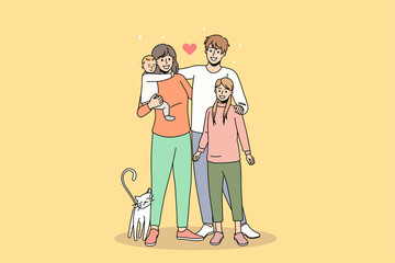 Portrait of happy young Caucasian family with children and pet show love and care in relationships. Smiling parents hug small kids demonstrate unity and bonding. Flat vector illustration. 