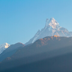 Canvas Print - View of Mount Machapuchare from Nepali meaning Fishtail Mountain, Annapurna Conservation Area, Himalaya, Nepal.