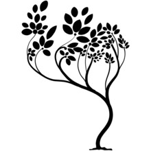 Beautiful Tree With Curved Trunk And Foliage, Black Pattern On White Background