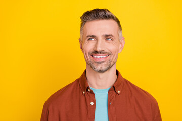 Canvas Print - Photo of optimistic mature grey hairdo man look promo wear apparel isolated on yellow color background