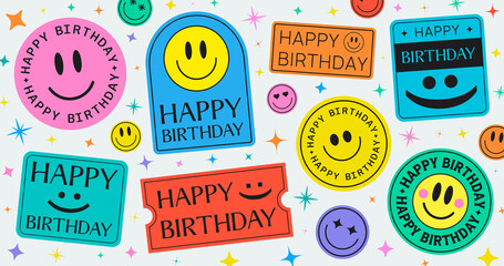 Poster - Cool Trendy Happy Birthday Stickers Background Vector Design.