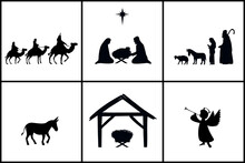 Holiday Set Silhouettes Christmas Christian Nativity. Bible Story Mary Joseph And Baby Jesus In A Manger, Star Of Bethlehem, Three Wise Men, Shepherds, Angel. Religious Vector Greeting Card