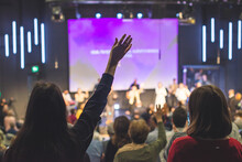 Hands In The Air Of People Who Praise God At Church Service