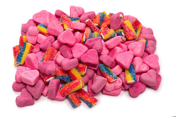 Assorted tasty gummy candies. Pink jelly sweets background.