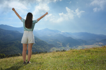 Sticker - Tourist in mountains on sunny day, back view