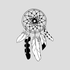 Canvas Print - Vintage dreamcatcher with feathers. Boho decoration ring illustration