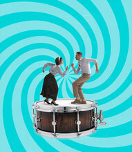 Contemporary Art Collage Of Dancing On Drum Couple, Man And Woman Isolated Over Blue Hypnotic Background