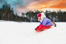 Childhood, Leisure And Season Concept - Happy Little Girl Sliding Down On Snow Saucer Sled Outdoors In Winter Over Snowy Forest Or Park Background