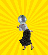 Contemporary Art Collage Of Dancing Woman With Disco Ball Head Isolated Over Yellow Background
