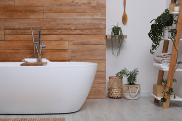 Wall Mural - White tub and beautiful plants in bathroom, Interior design