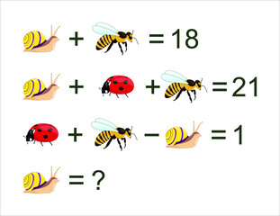 Math puzzle for kids. Logical game  with bugs for children, easy level, education game for kids, preschool worksheet activity,  Mathematical Addition Subtraction 