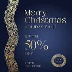 Wall Mural - Christmas Greetings Vector Card Template. Winter Holiday Spruce and Holly Doodle Wavy Stripe Decorative Frame on Blue Background. New Year Social Media Post Design with Holyday Foliage Band
