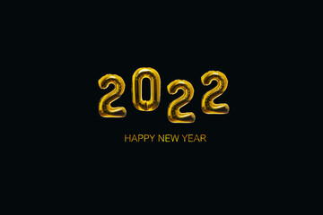 Wall Mural - New Year's Eve 2022 on black background. Gold balloons 2022 with the text Happy New Year. Luxury gold holidays card for design