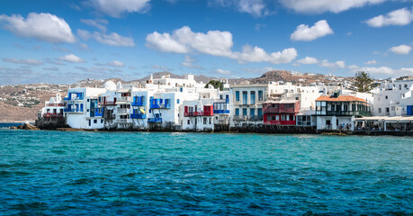 Wall Mural - Little Venice, famous neighborhood on Mykonos Island, Greece. Panoramic view of tourist attraction.