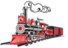 Old Steam Locomotive And Train. Vector Illustration Of A Train. Black And Red Illustration On A Neutral Background