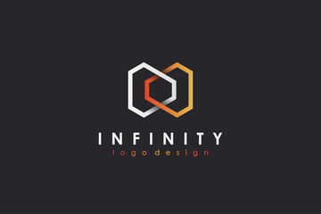 Poster - Infinity Line Logo. White and Red Geometric Hexagonal Striped Lines Style isolated on Black Background. Usable for Business and Technology Logos. Flat Vector Logo Design Template Element.