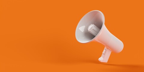 white megaphone or bullhorn floating over orange background, business announcement or communication 