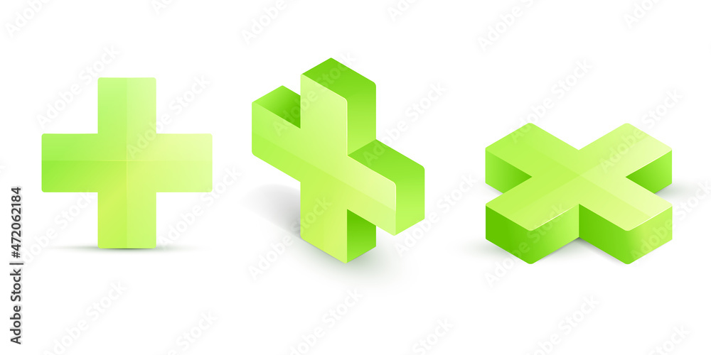 Green cross. Vector set. Cross symbol of safety guidance. Green plus ...
