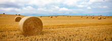 Round Bales Of Dry Straw On Agricultural Land. Banner