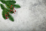 Fototapeta Desenie - Christmas and New Year flat lay composition frame with green fir tree branch and forest red berries on gray stone concrete background with free space for your text