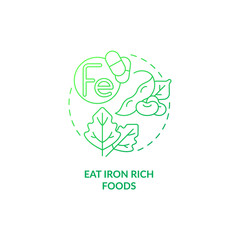 Eat iron rich foods green gradient concept icon. Pregnancy diet abstract idea thin line illustration. Raising iron levels in blood. Anemia symptoms prevention. Vector isolated outline color drawing