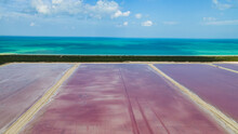 Mexico, Yucatan, Las Coloradas, Aerial View Of Coastal Salt Evaporation Ponds