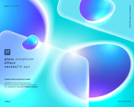 Vector Poster in glass morphism style. Translucent, frosted glass and abstract amorphous shapes. Place for your text.