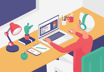 Fototapete - Isometric man with headphones working on home office laptop vector illustration. Cartoon 3d young businessman or student man character sitting at table by window to remote work or study background