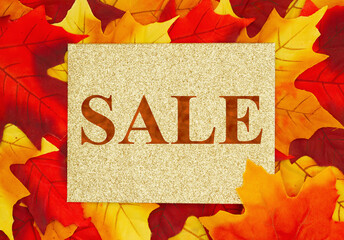 Sticker - Sale message on gold sparking greeting card on fall leaves