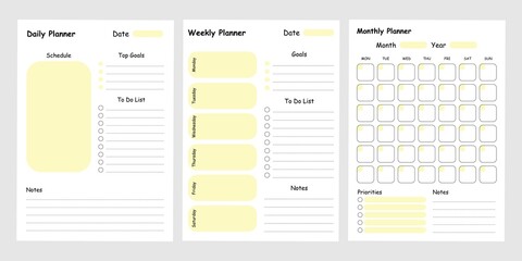 Wall Mural - Modern collection of daily weekly monthly planner printable template with yellow ellements. Collection of note paper, to do list, stickers templates. Blank white notebook page A4
