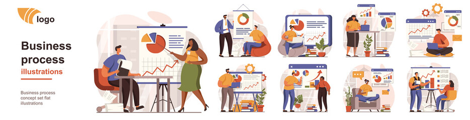 Aufkleber - Business process concept isolated person situations. Collection of scenes with people colleagues analyze data, create success strategy, collaborate. Mega set. Vector illustration in flat design