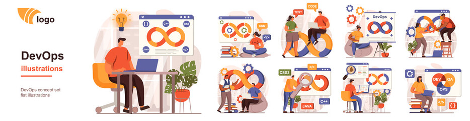 Leinwandbilder - DevOps concept isolated person situations. Collection of scenes with programmers working on software development, operations process, technical support. Mega set. Vector illustration in flat design