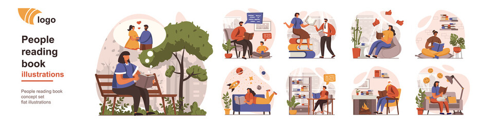 Aufkleber - People reading book concept isolated person situations. Collection of scenes with reading lovers pastime with different literature, study from textbooks. Mega set. Vector illustration in flat design
