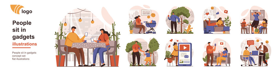 Aufkleber - People sit in gadgets concept isolated person situations. Collection of scenes with users spend time in smartphones, unhealthy habit and addiction. Mega set. Vector illustration in flat design