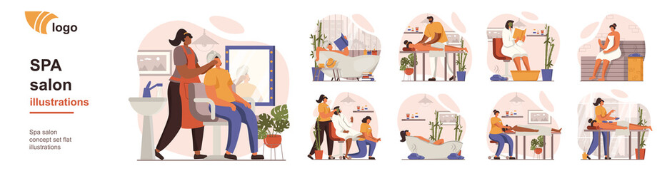 Fototapete - Spa salon concept isolated person situations. Collection of scenes with people at beautician receive massages and treatments for skin of face and body. Mega set. Vector illustration in flat design