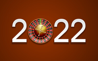 2022 Happy New Year casino style greeting card with roulette wheel above casino table. Merry Christmas 2K22 Xmas banner flat paper design.New year 2022 party poster top view roulette wheel with shadow