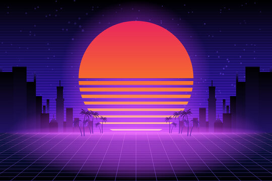 Wall Mural - Retro future 80s style sci-fi wallpaper. Futuristic night city. Cityscape on a dark background with bright and glowing neon purple and blue lights. Cyberpunk and retro wave style vector illustration.