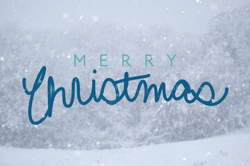Wall Mural - Abstract blurred background of winter snow with Merry Christmas greeting for holiday.