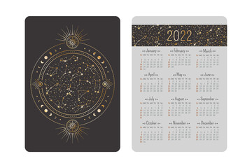 Wall Mural - vector tarot pocket year 2022 celestial calendar with shining ornate golden zodiac circle, stars and
