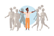 Woman standing inside transparent bubble and people reaching for her. Avoiding of conflict, social isolation, personal space cartoon vector illustration