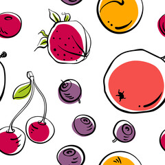 Wall Mural - Seamless pattern with garden fruits and berries in colorful black line sketchy style isolated on white background. Doodle hand drawn vector illustration