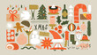 © Dedraw Studio - Set of christmas doodle and abstract xmas icons on isolated background. Quirky hand drawn holiday collection, retro shapes in funny cartoon art style. Includes santa claus, pine tree, and ornament.