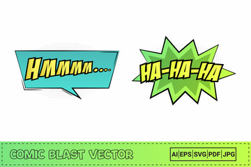 Poster - Laughing comic burst with light green and yellow colors. Hmm comic blast with yellow and blue color. Comic burst explosion. Laughing blast bubble for cartoon speeches. Comic speech explosion vector.