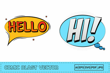 Poster - Hello comic pop-up with red and yellow color. Hi comic explosion with white and blue color. Comic burst explosion. Hello text pop-up with bubble for cartoon speeches. Comic speech explosion vector.