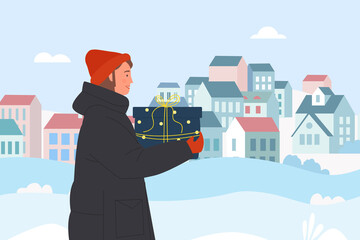 Wall Mural - Girl with Christmas gift vector illustration. Cartoon young woman character holding surprise present box with ribbon to give family for winter holidays, snow landscape and Xmas celebration concept