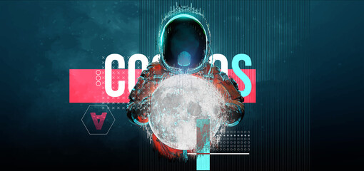 Wall Mural - glitch astronaut on the background of the moon and space. digital pixel noise abstract design. vecto