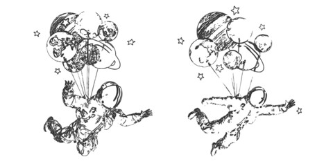 Wall Mural - astronaut with balloons and planets on the white background. vector illustration