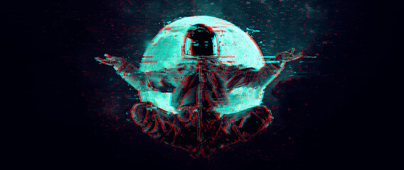 glitch astronaut on the background of the moon and space. digital pixel noise abstract design. vecto