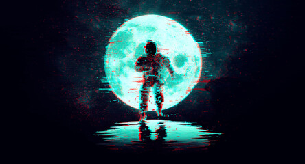 Wall Mural - glitch astronaut on the background of the moon and space. digital pixel noise abstract design. vecto