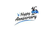 16 Year Anniversary Celebration With Blue Swoosh And Blue Ribbon Symbol. Happy Anniversary Greeting Celebrates Template Design Illustration